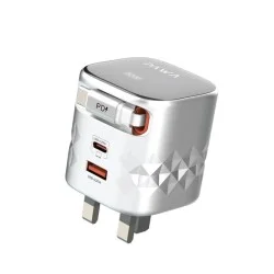 Pawa Retro 50W Uk Charger With Type-C Retractable Cable (Black and grey)